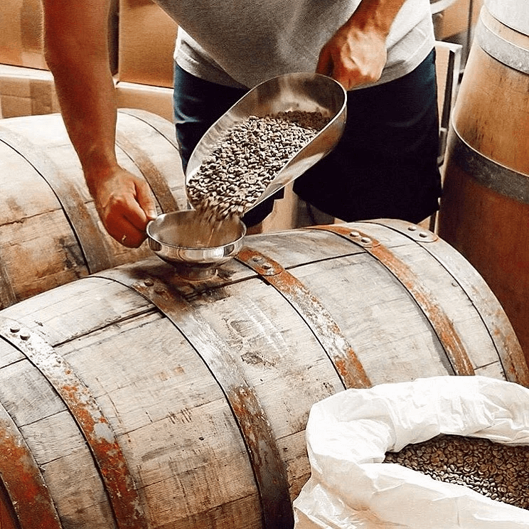 Barrel-aged káva znamená, že zelená kávová zrnka odpočívala nějakou dobu v sudu po alkoholu.