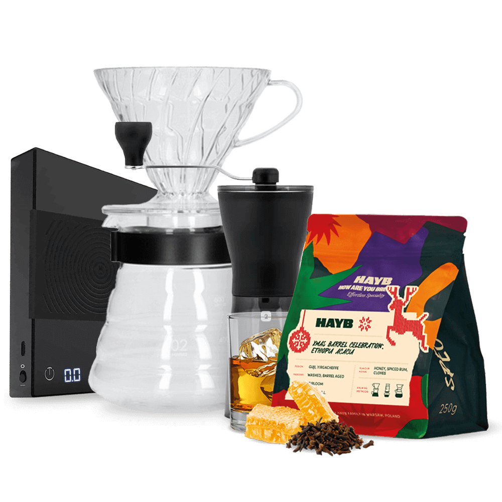 Hayb XMAS Barrel coffee Hario V60 Set Mini Mill Timemore Basic Scale Set - černý