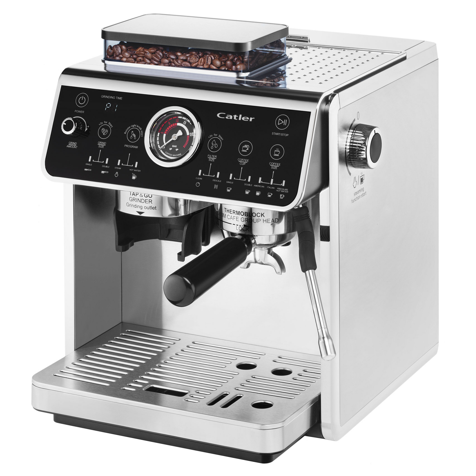 Catler ES 910 - pákový espresso kávovar s mlýnkem - stříbrný