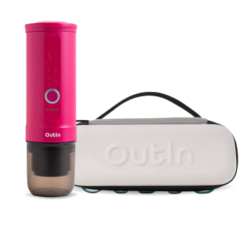 Outin Nano Portable Espresso Machine – Crimson Red + cestovní obal Sand Beige