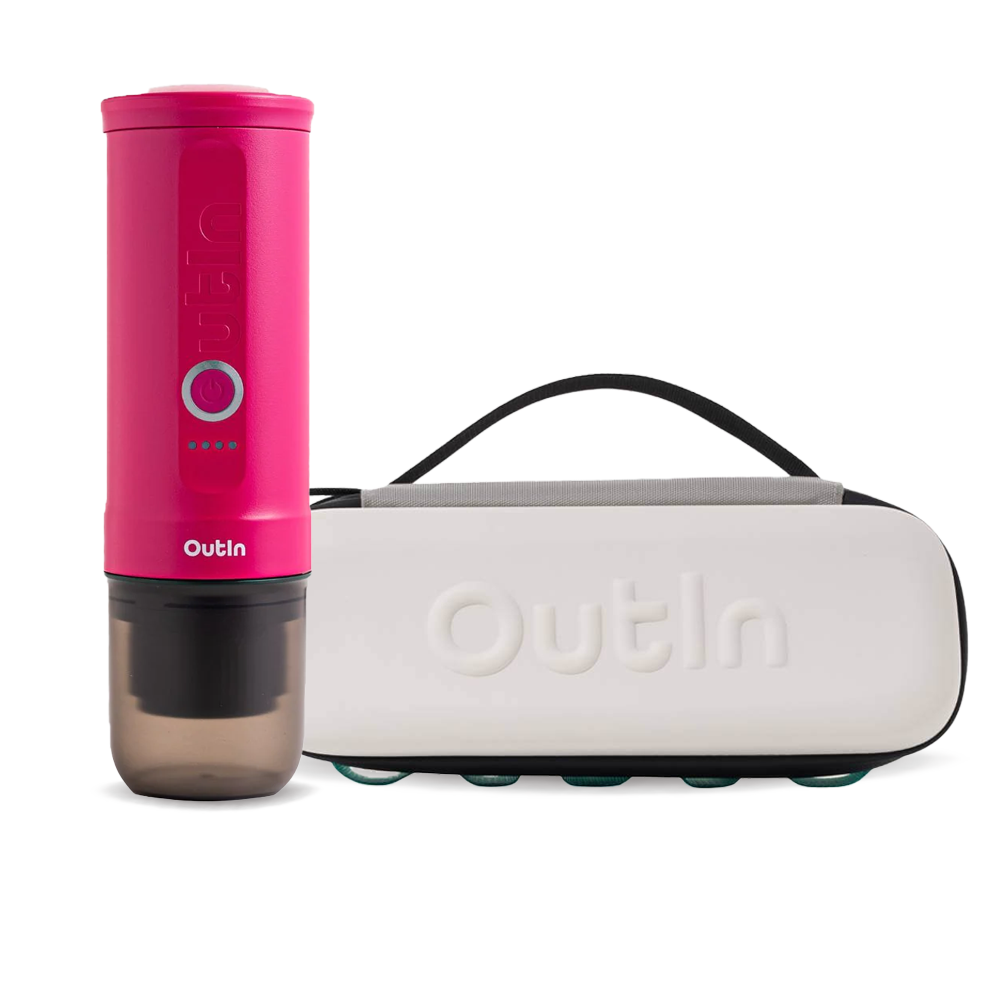 Outin Nano Portable Espresso Machine – Crimson Red + cestovní obal Sand Beige