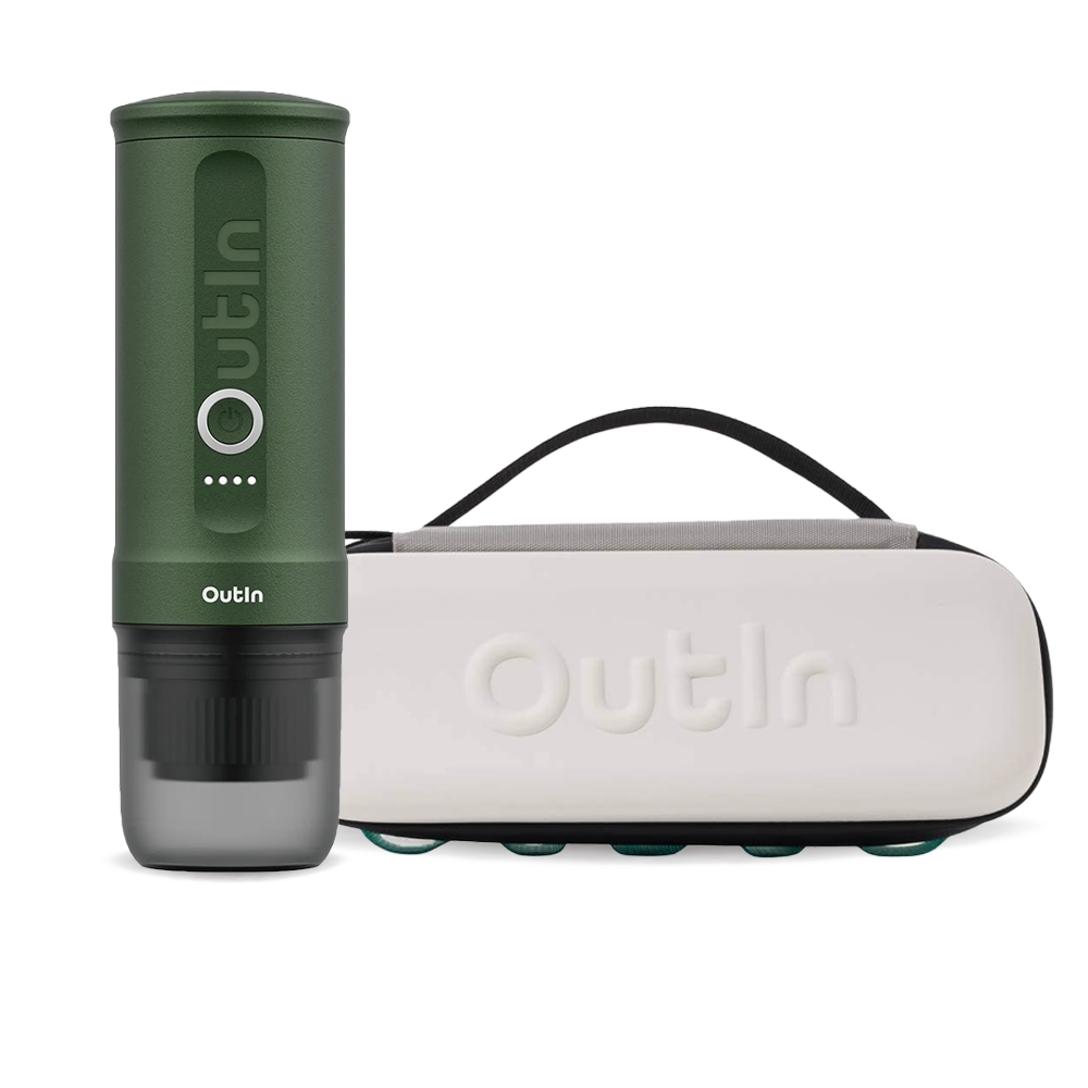 Outin Nano Portable Espresso Machine – Forest Green + cestovní obal - Sand Beige
