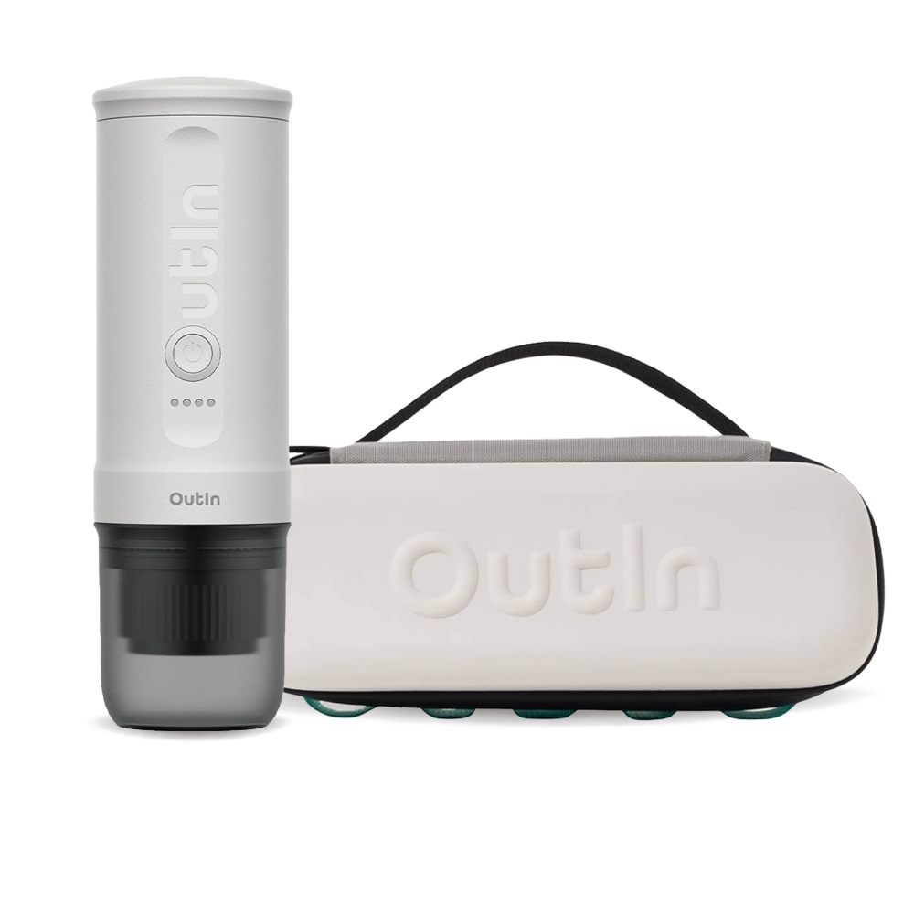 Outin Nano Portable Espresso Machine – Pearl White + cestovní obal - Sand Beige