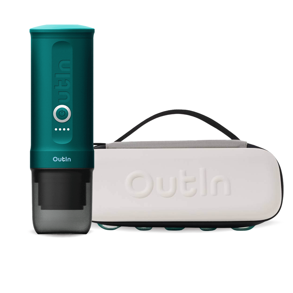 Outin Nano Portable Espresso Machine – Teal + cestovní obal - Sand Beige