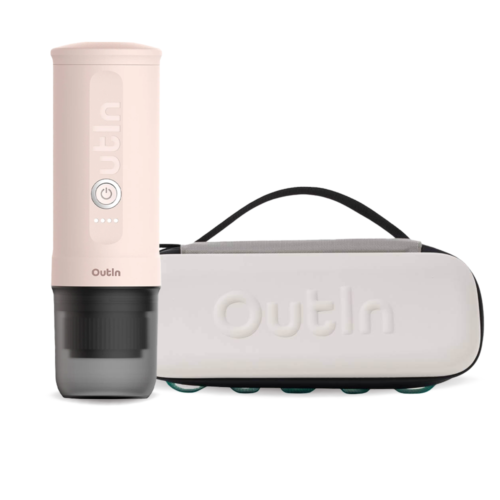 Outin Nano Portable Espresso Machine – Rose Quartz + cestovní obal - Sand Beige