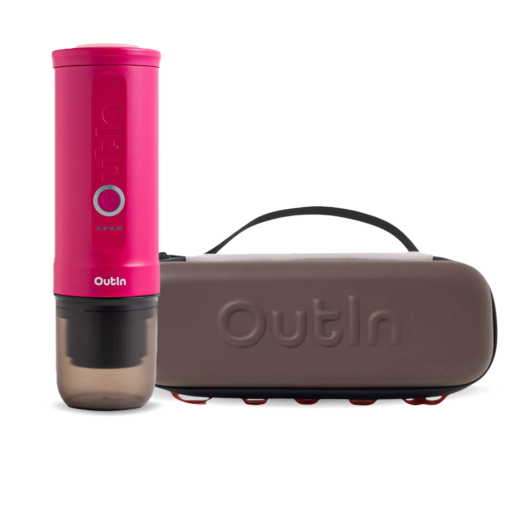Outin Nano Portable Espresso Machine – Crimson Red + cestovní obal - Maple Brown