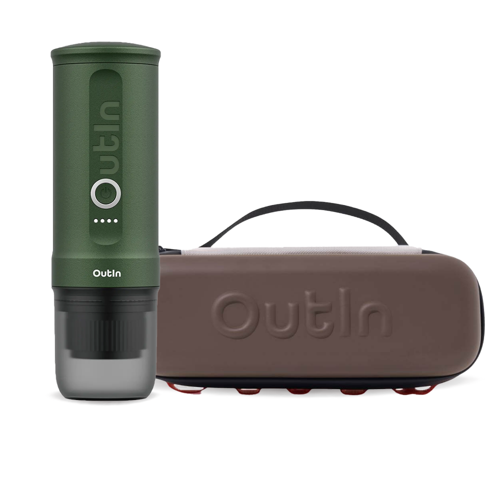 Outin Nano Portable Espresso Machine – Forest Green + cestovní obal - Maple Brown