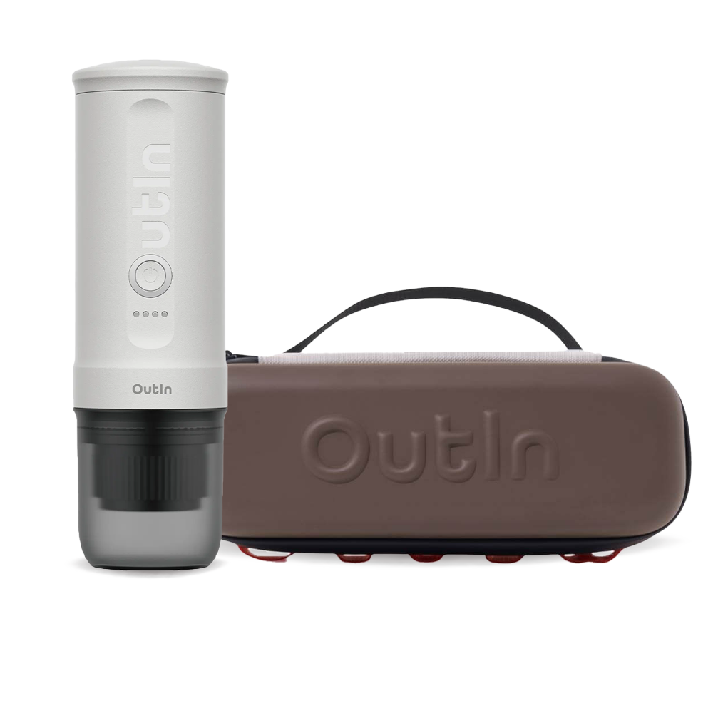 Outin Nano Portable Espresso Machine – Pearl White + cestovní obal - Maple Brown