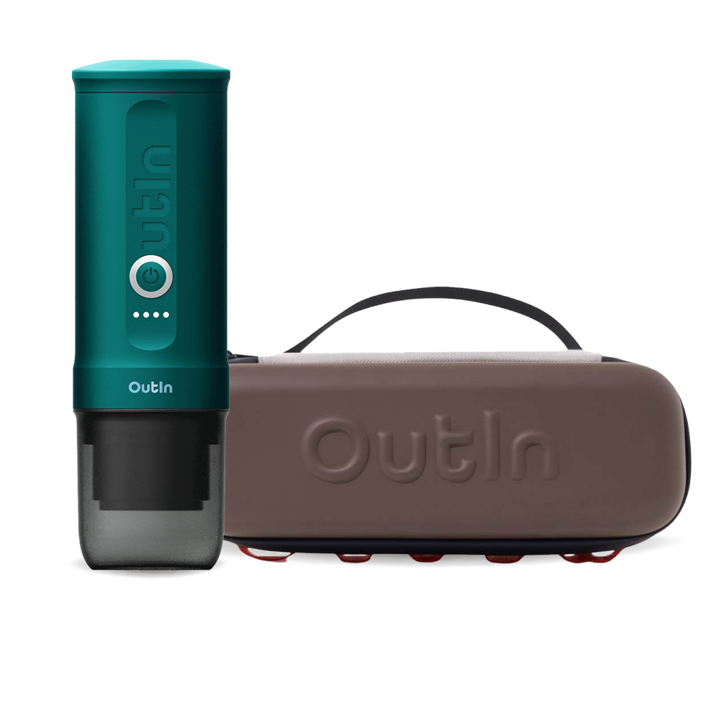 Outin Nano Portable Espresso Machine – Teal + cestovní obal - Maple Brown