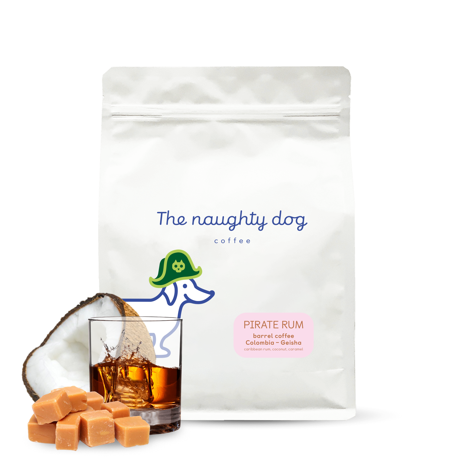 Výběrová káva The naughty dog PIRATE RUM barrel coffee 1000 g - geisha zrající v sudech po rumu