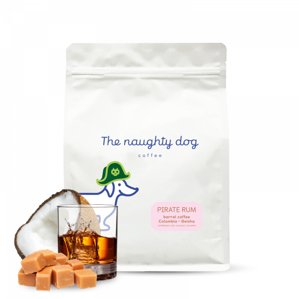 Výběrová káva The naughty dog PIRATE RUM barrel coffee 1000 g - geisha zrající v sudech po rumu