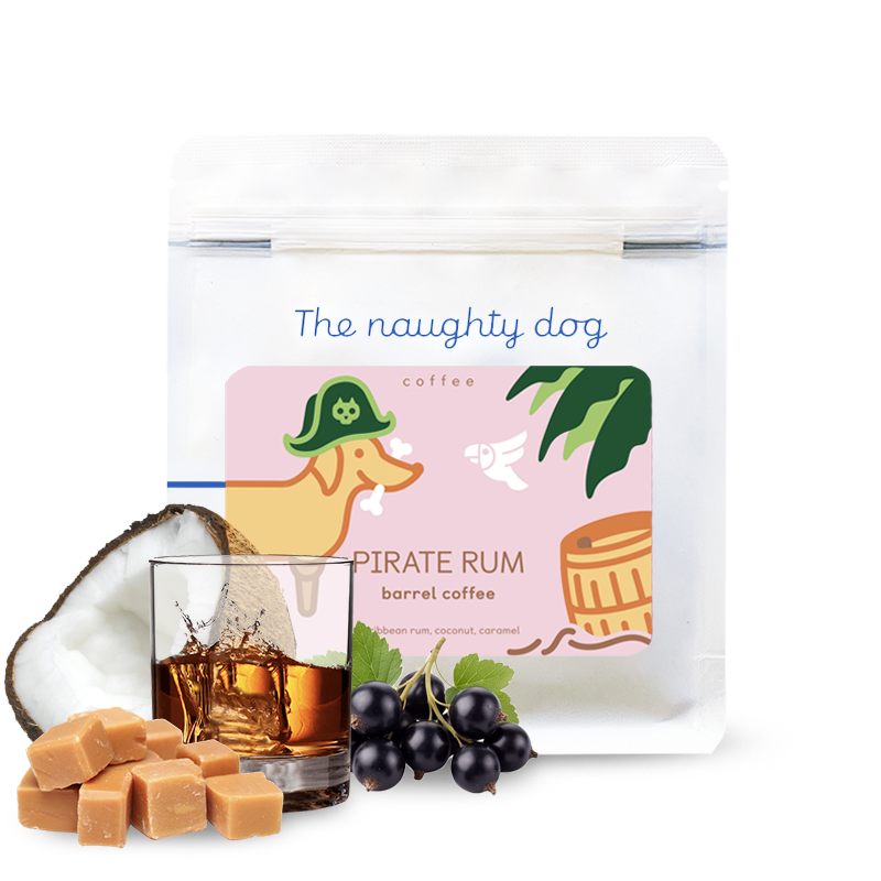 Výběrová káva The naughty dog PIRATE RUM barrel coffee #2 - káva zrající v sudech po rumu