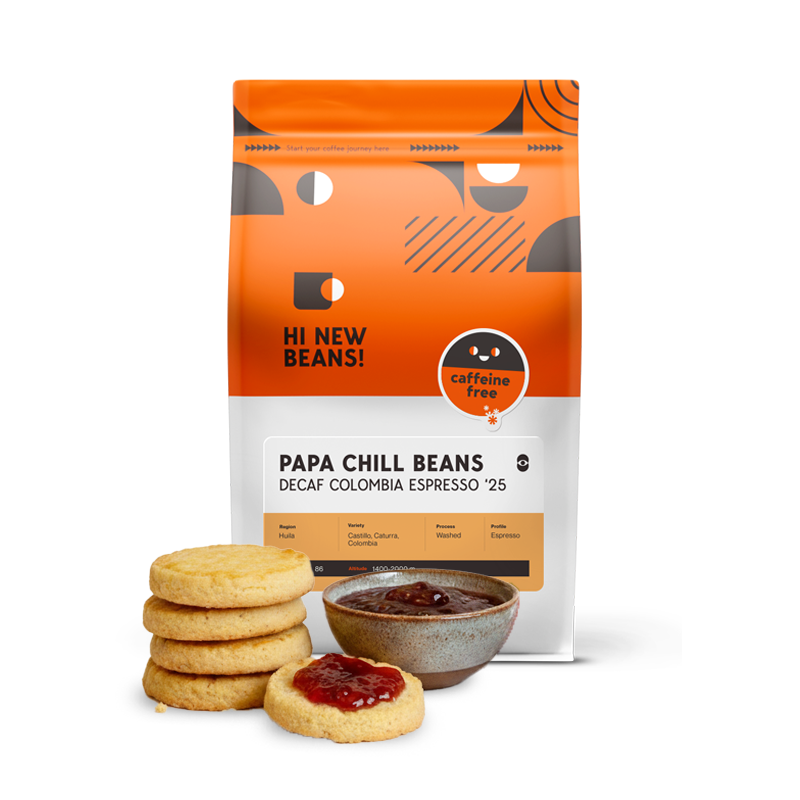 Výběrová káva Hi New Beans! Kolumbie HUILA - PAPA CHILL BEANS - bezkofeinová