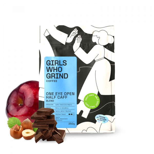 Výběrová káva Girls Who Grind Coffee ONE EYE OPEN HALF CAFF blend