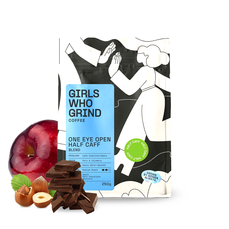 Výběrová káva Girls Who Grind Coffee ONE EYE OPEN HALF CAFF blend